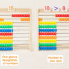 Wooden rainbow counting abacus showing numbers 8, 10, and 15 with colored beads