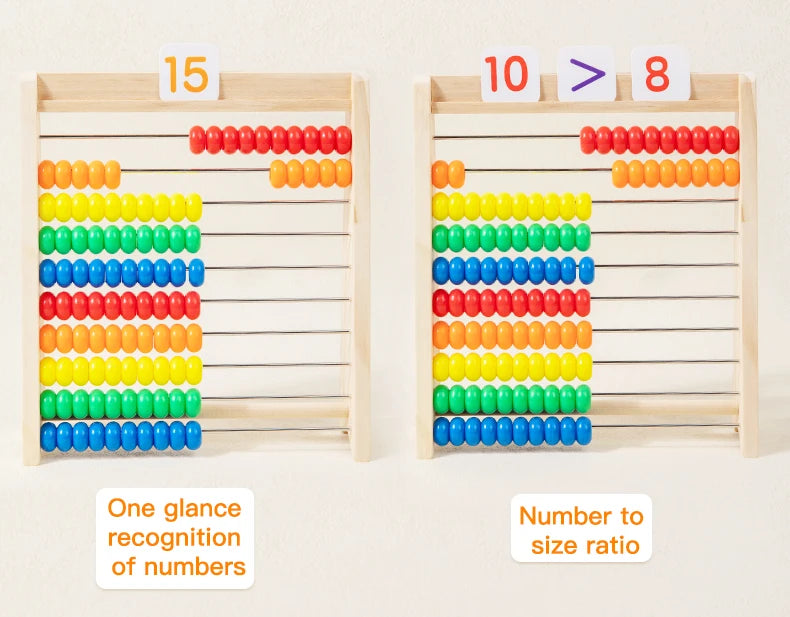 Wooden rainbow counting abacus showing numbers 8, 10, and 15 with colored beads
