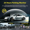 A silver Porsche sports car is shown with a 24-hour parking monitor camera system installed on its front, demonstrating conti