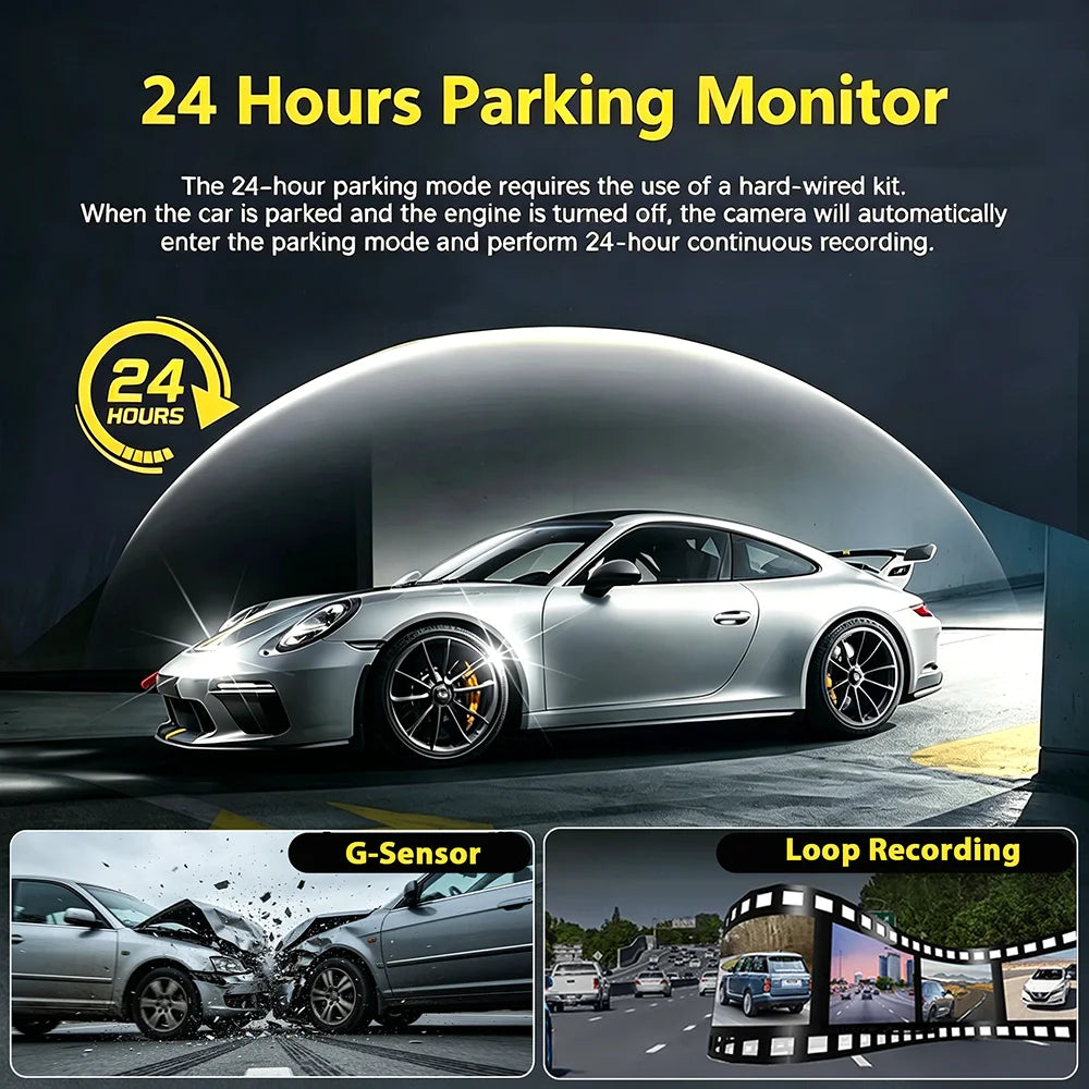 A silver Porsche sports car is shown with a 24-hour parking monitor camera system installed on its front, demonstrating conti
