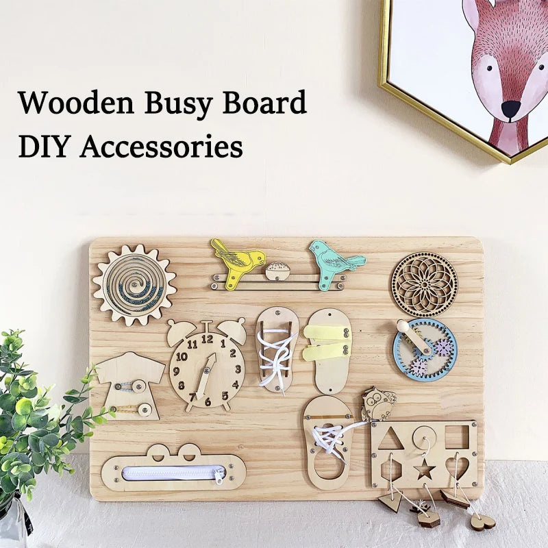A wooden busy board featuring various DIY accessories like gears, clocks, and puzzle pieces for fine motor skill development.