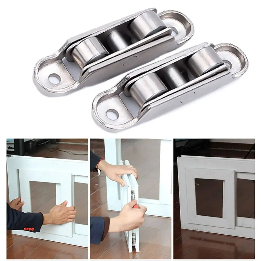 Stainless steel sliding door roller pulley with mounting brackets shown in various angles.