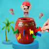 A wooden pirate-themed game piece with a figure on top and various colored plastic pirate accessories.