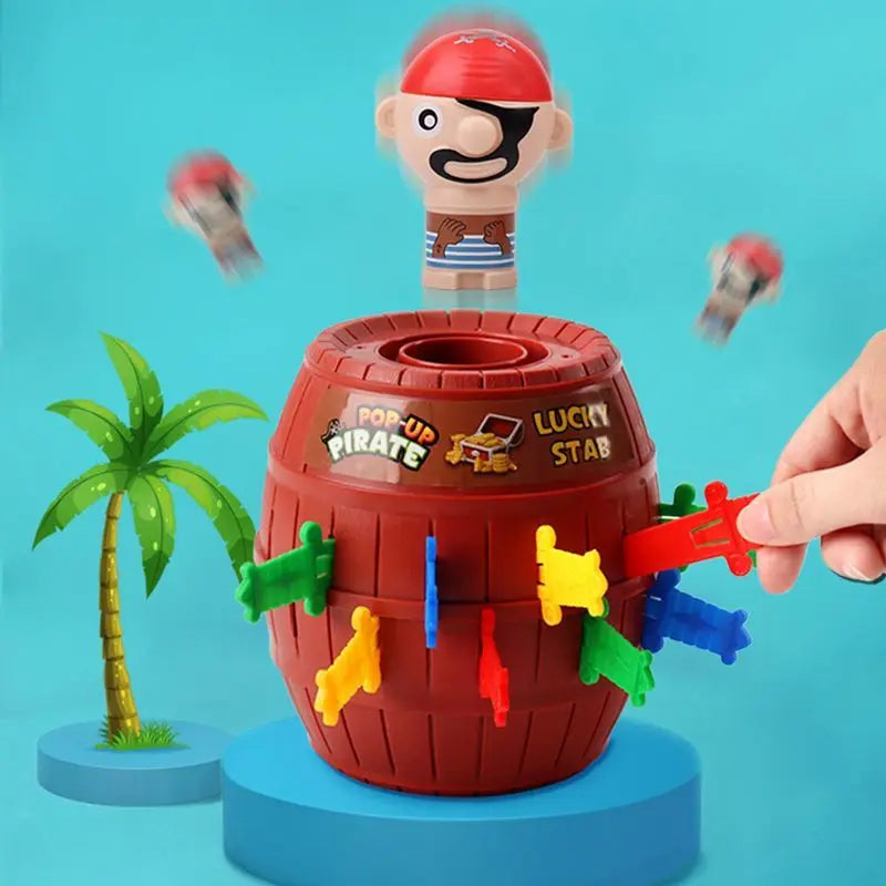 A wooden pirate-themed game piece with a figure on top and various colored plastic pirate accessories.