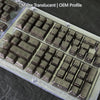 A close-up view of translucent OEM profile keycaps for a mechanical keyboard, showing various keys and labels.