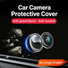 A protective cover for a car camera lens showing anti-gravel and anti-scratch features.