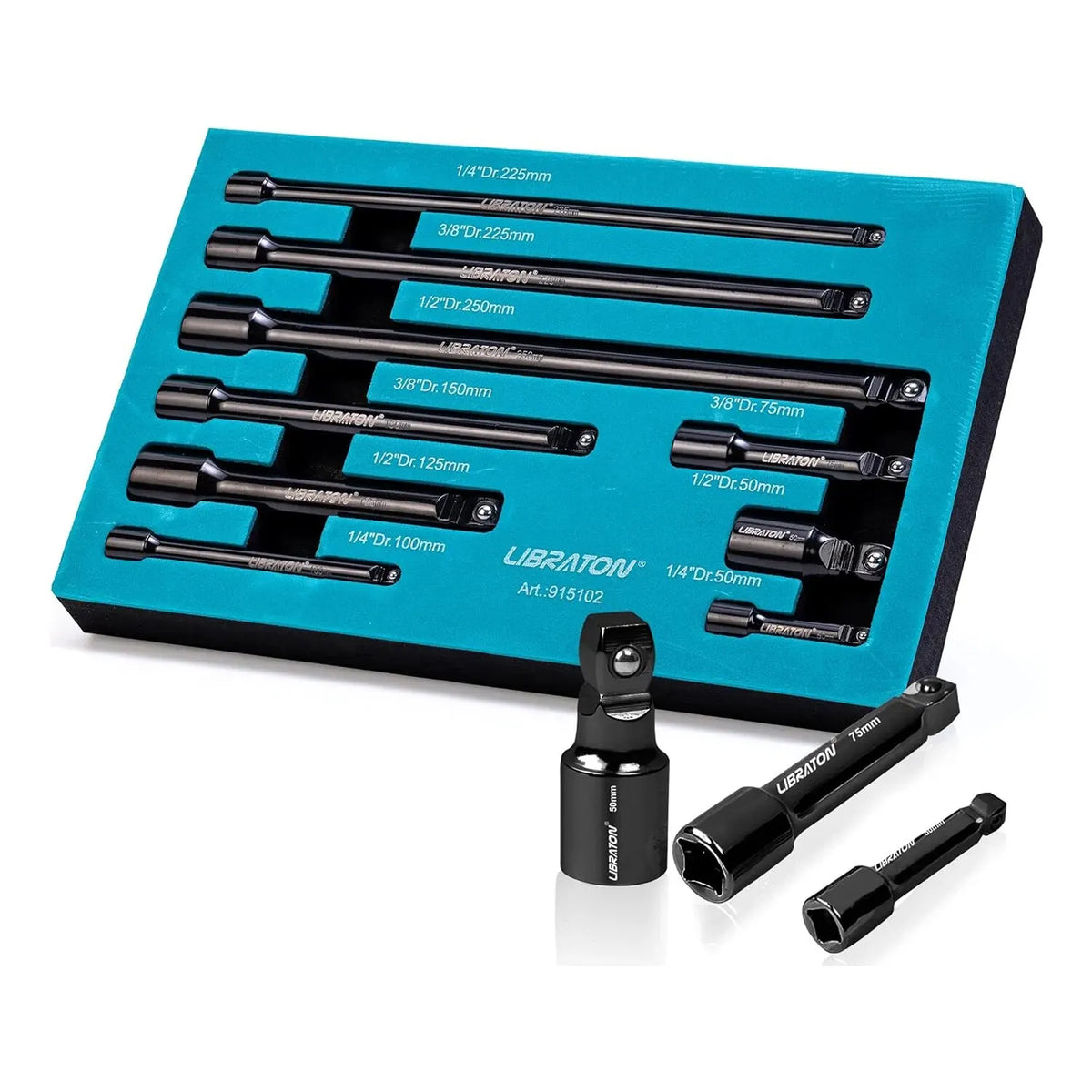 A set of nine different size wobble socket extensions packaged in a teal storage tray with individual pieces displayed below.