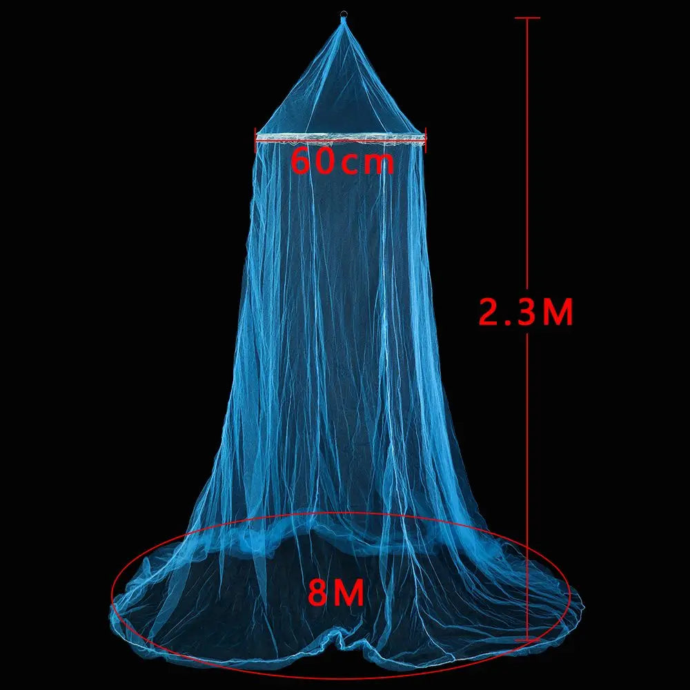 A blue elegant lace canopy mosquito net displayed against a black background.