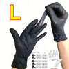 A pair of black nitrile disposable gloves is shown with a large yellow letter L and size chart details.