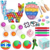 A collection of colorful fidget toys including a Lego-style animal, various silicone stress balls, and a patterned sphere.
