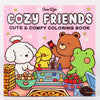 A coloring book featuring cute animal characters like a white dog, yellow chick, and brown bear on a pink background.