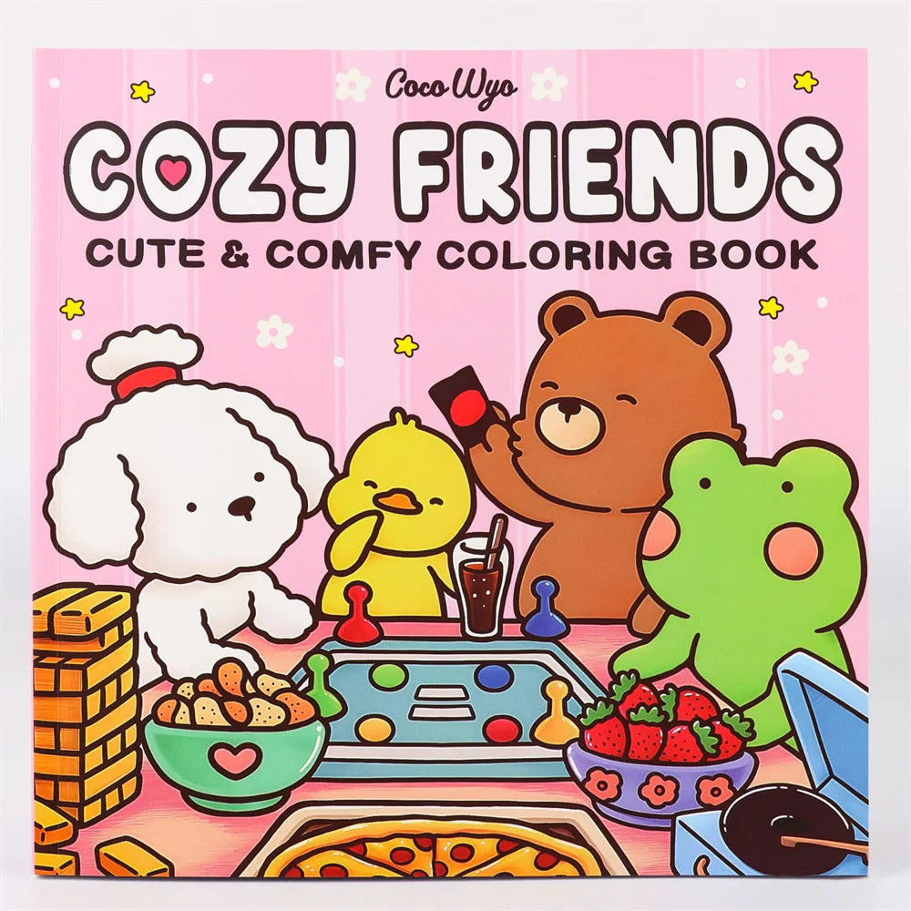 A coloring book featuring cute animal characters like a white dog, yellow chick, and brown bear on a pink background.