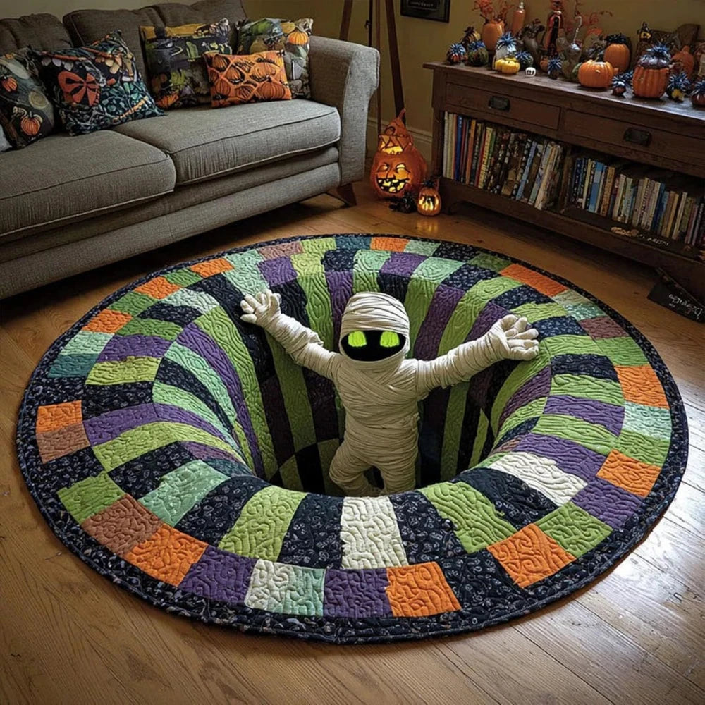 A round rug with a colorful, striped pattern featuring an illusion skull design.