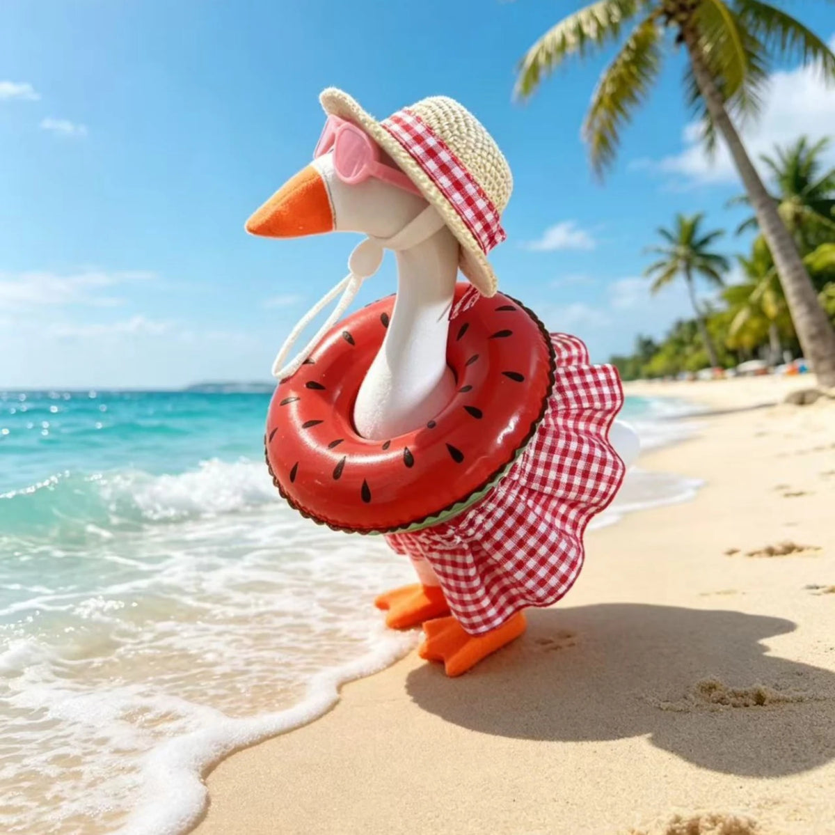 A white goose costume with an orange beak and red polka-dot hat is lying on the wet sand near the ocean.
