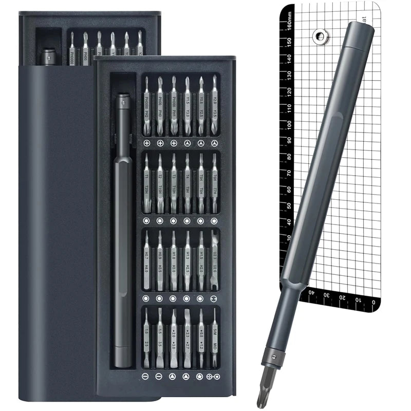 A precision magnetic screwdriver set with various tips stored in a dark gray case and shown next to the assembled tool.