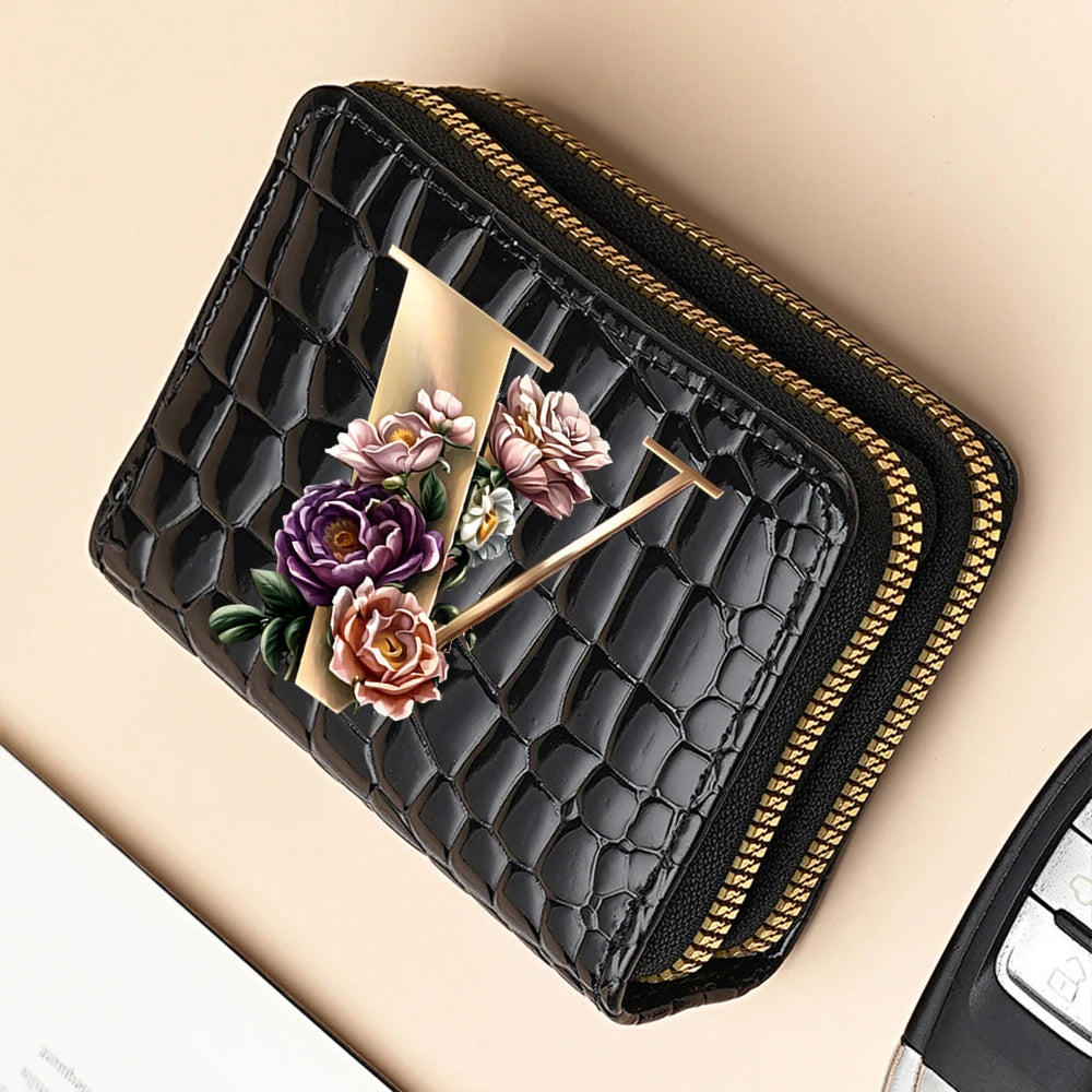 Alphabet Flower Double-Zip Card Wallet with Secure Clasp