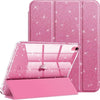 Coque protectrice pailletée rose pour iPad, avec couvercle et support séparé.