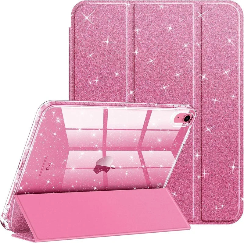 Coque protectrice pailletée rose pour iPad, avec couvercle et support séparé.