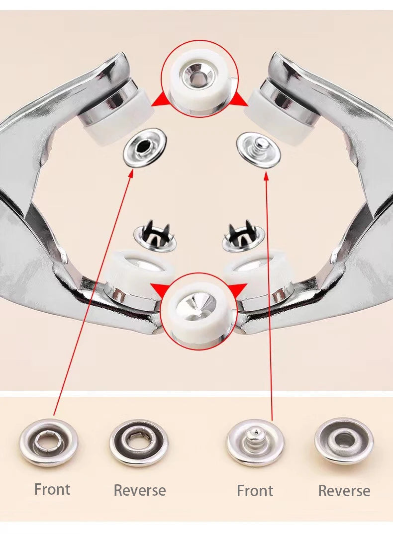 A set of snap fastener pliers with metal buttons shown in various views and components.