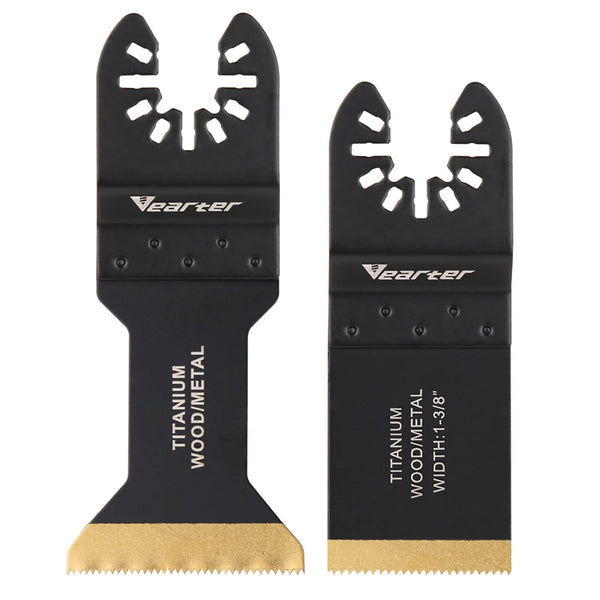 A pair of black titanium coated oscillating multitool saw blades with wooden teeth and gold-colored bases.