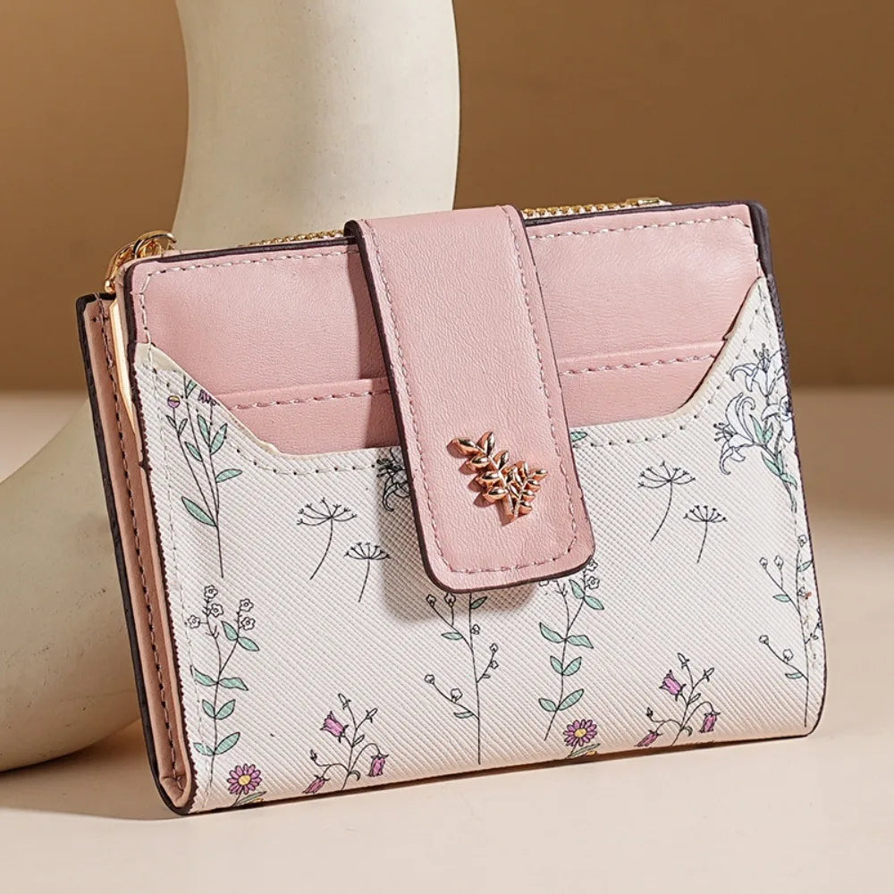 Slim PU Leather Zipper Wallet with Floral Detail