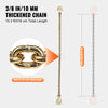 A close-up view of a 3/8 in 10 mm thickened gold chain with a clevis hook and a full length measurement.