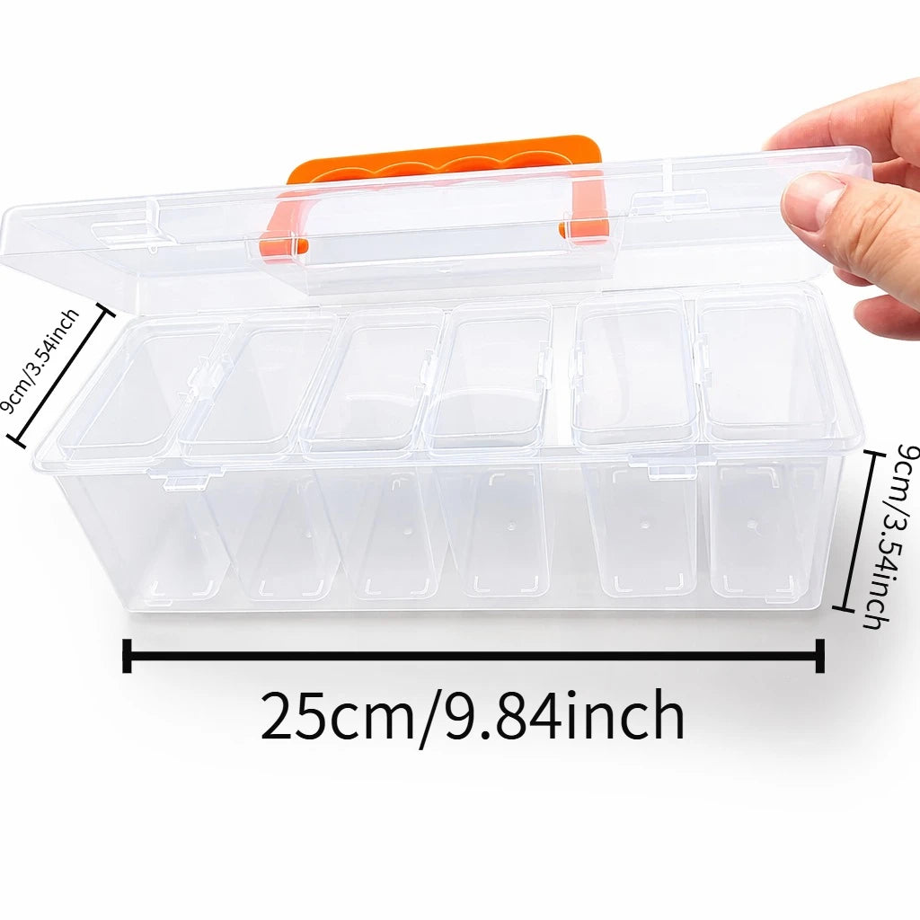 A clear plastic multi-compartment hardware storage box with an orange lid and a hand demonstrating its size.