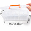 A clear plastic multi-compartment hardware storage box with an orange lid and a hand demonstrating its size.