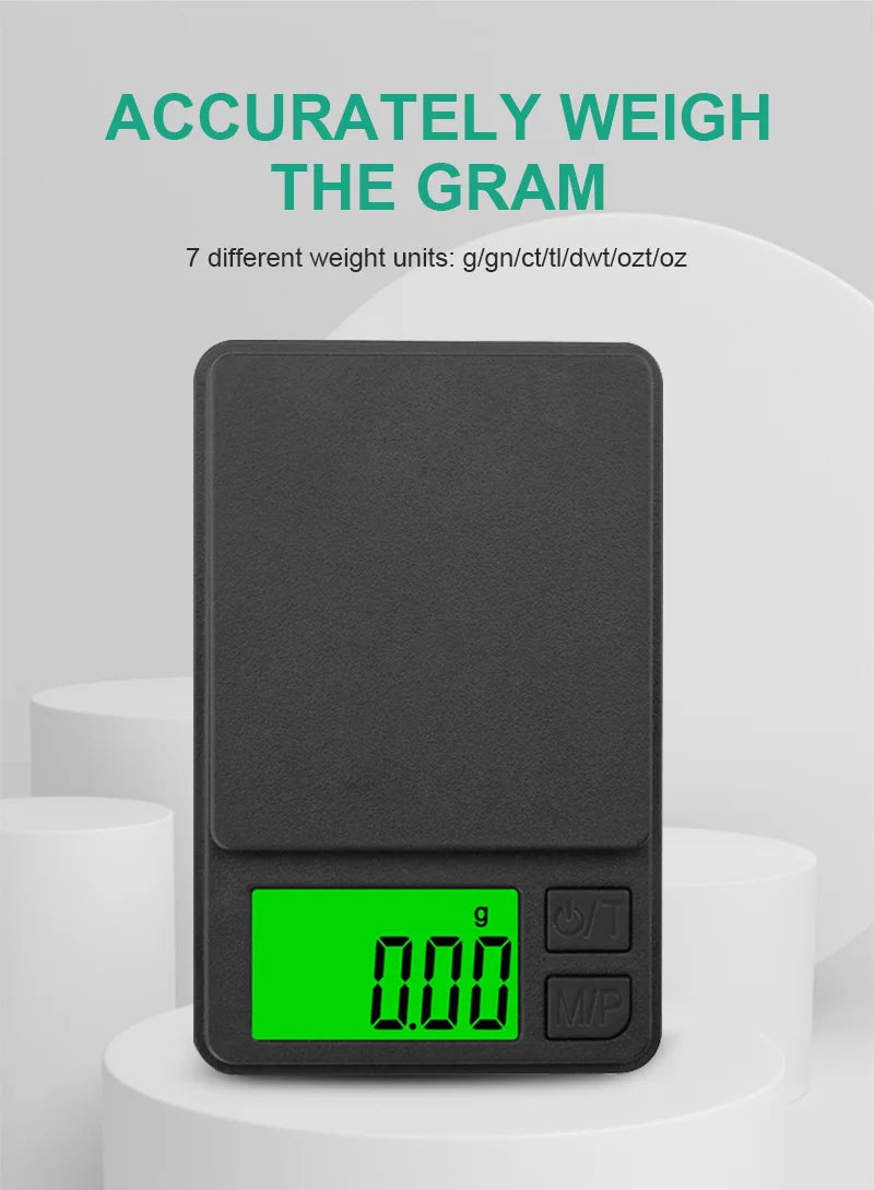 A black pocket digital scale displaying 0.00 grams on a bright green screen.
