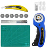 A yellow rotary cutter sewing kit includes a cutting mat, ruler, and spare blades.
