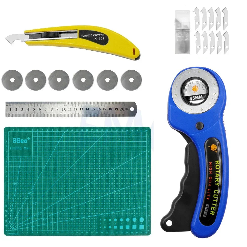 A yellow rotary cutter sewing kit includes a cutting mat, ruler, and spare blades.