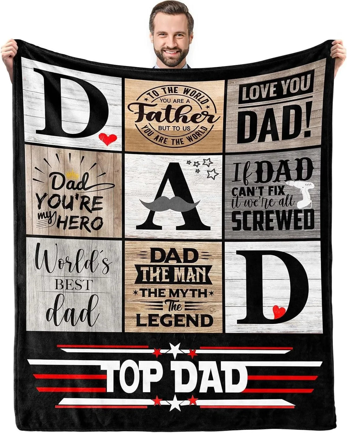 A black fleece throw blanket featuring various 'Dad' themed text designs and a man holding it.