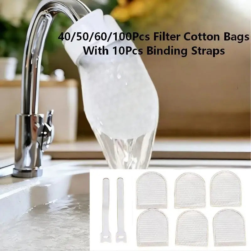 A close-up of a faucet with filter bags and binding straps, showing disposable faucet filter bags for cleaner water.