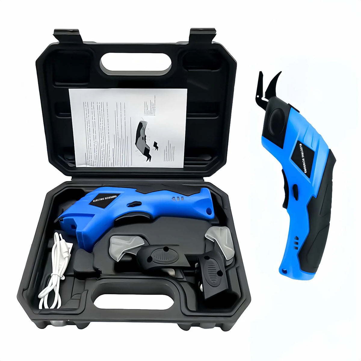 A blue cordless electric scissors tool with a black case and accessories is shown.