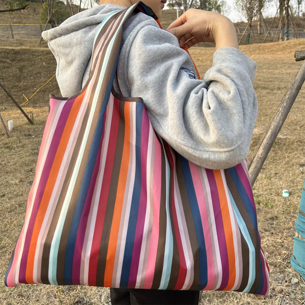 A person holds a striped tote bag with multicolored vertical stripes against a dry, grassy outdoor background.