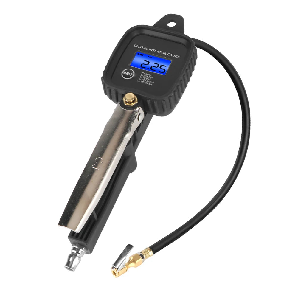 A digital inflator gauge with an LCD display and inflation gun connected by a black cable.