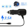 A black dual USB charging device with a micro USB cable is shown, featuring a 3.5A output.