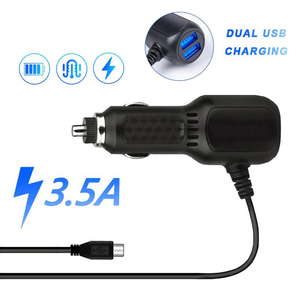 A black dual USB charging device with a micro USB cable is shown, featuring a 3.5A output.