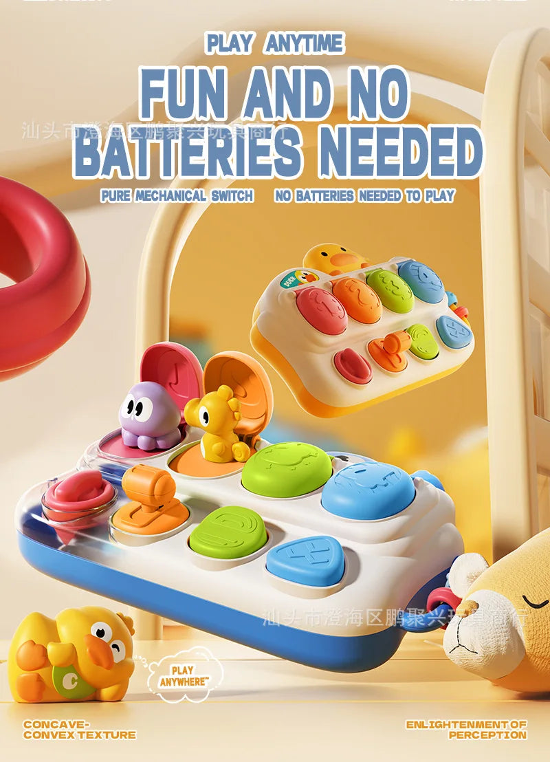 A colorful, pop-up animal sensory toy with multiple buttons and levers is shown in a bright, playful context.