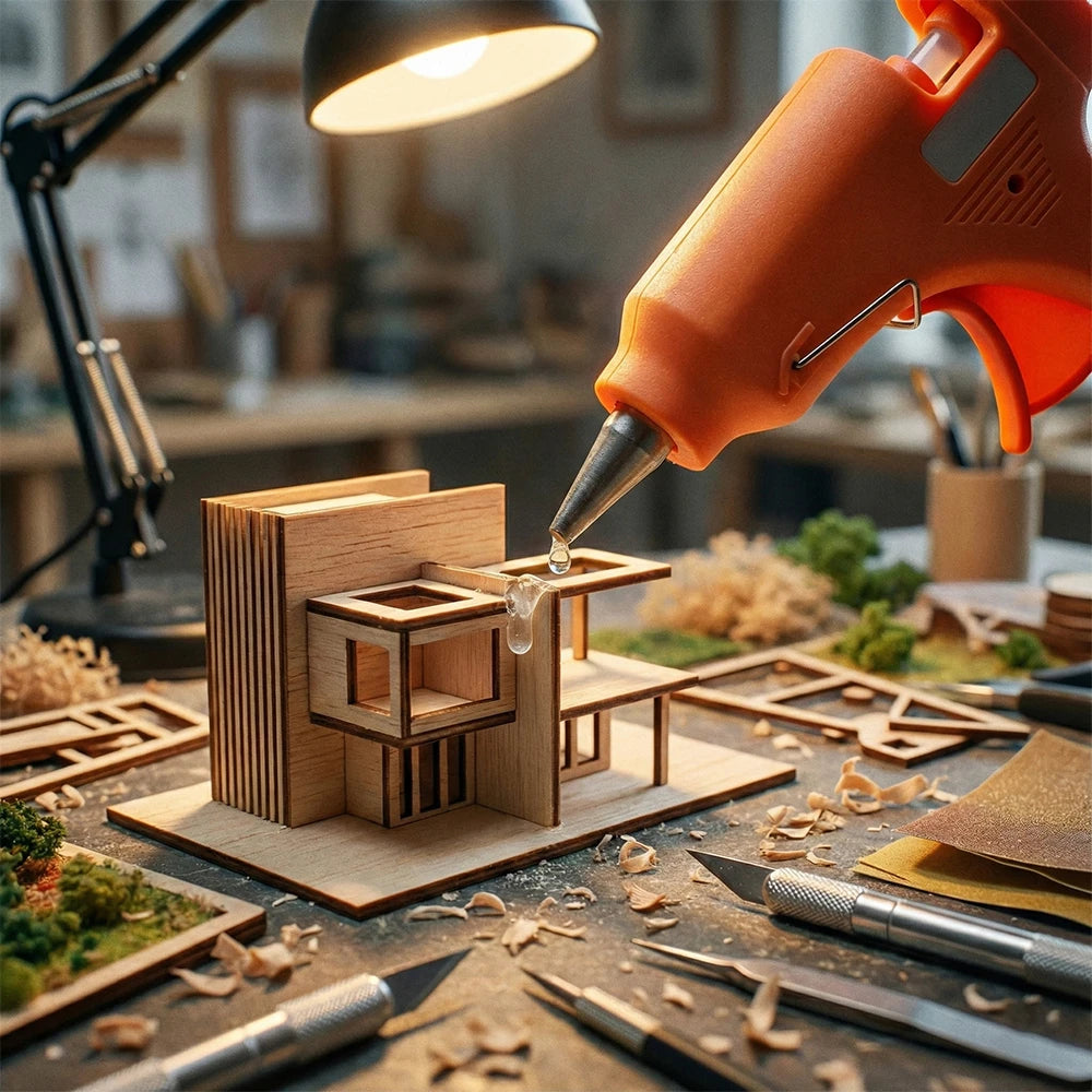 An orange hot melt glue gun is being used to apply glue to a wooden model kit on a workbench surrounded by crafting tools.
