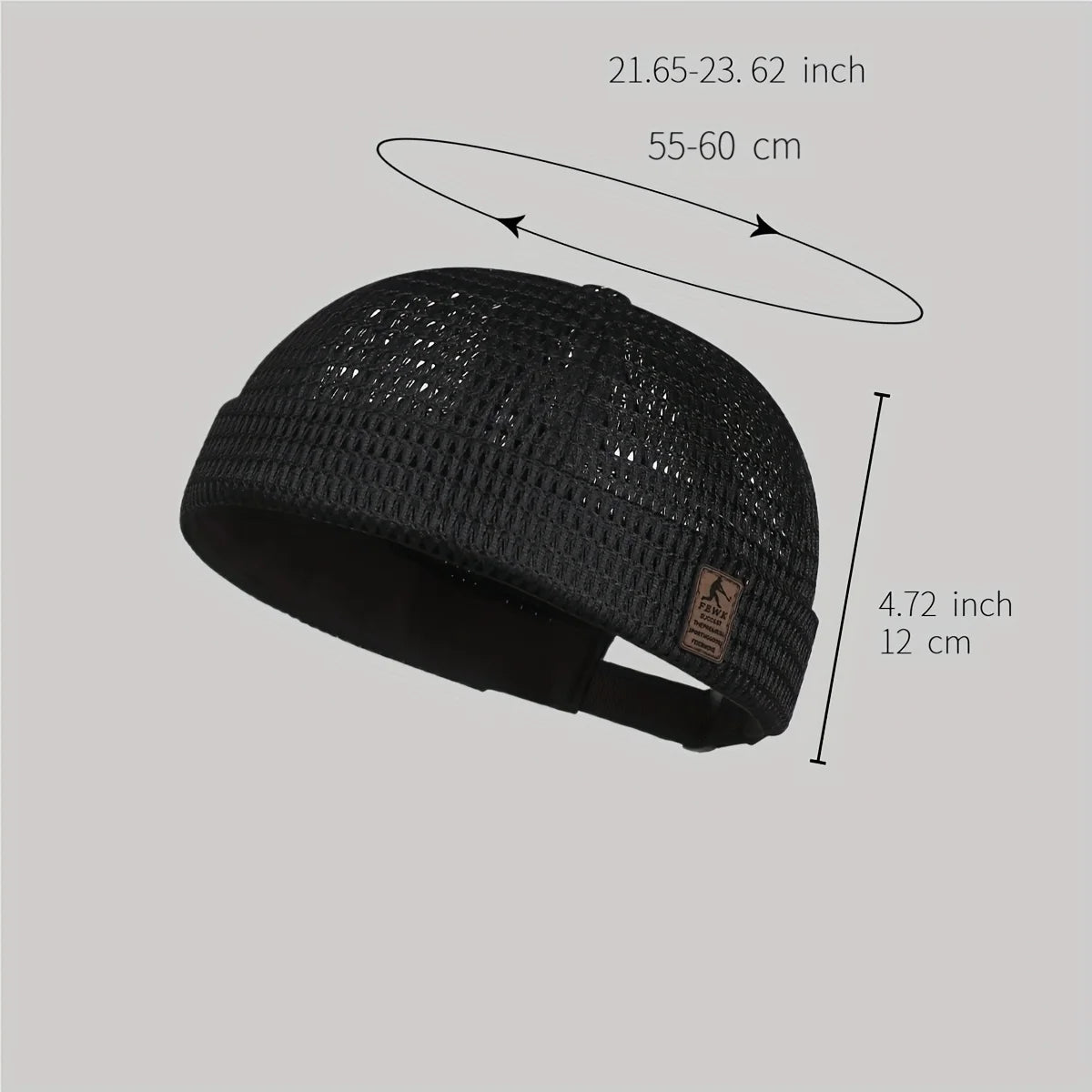 Black breathable mesh brimless cycling cap shown from the side with size measurements.
