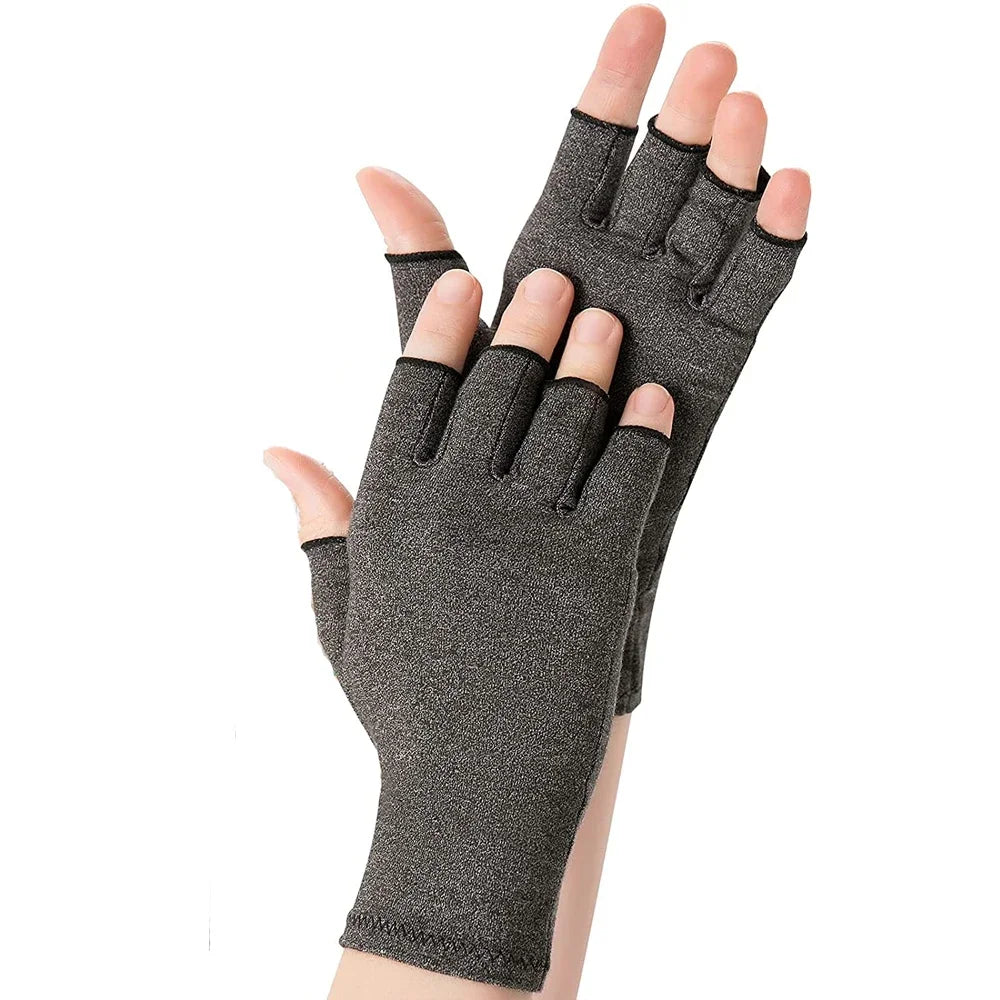 A close-up of fingerless compression gloves in a dark gray color shown on a hand.