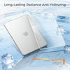 A silver MacBook is shown with a clear hard shell case on a blue surface, demonstrating long-lasting radiance anti-yellowing.