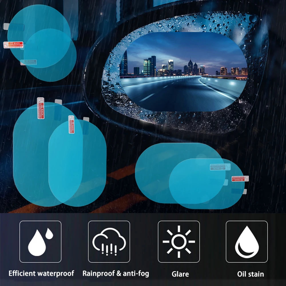 Two circular blue films are displayed against a dark background with an inset showing a city skyline through a car window.