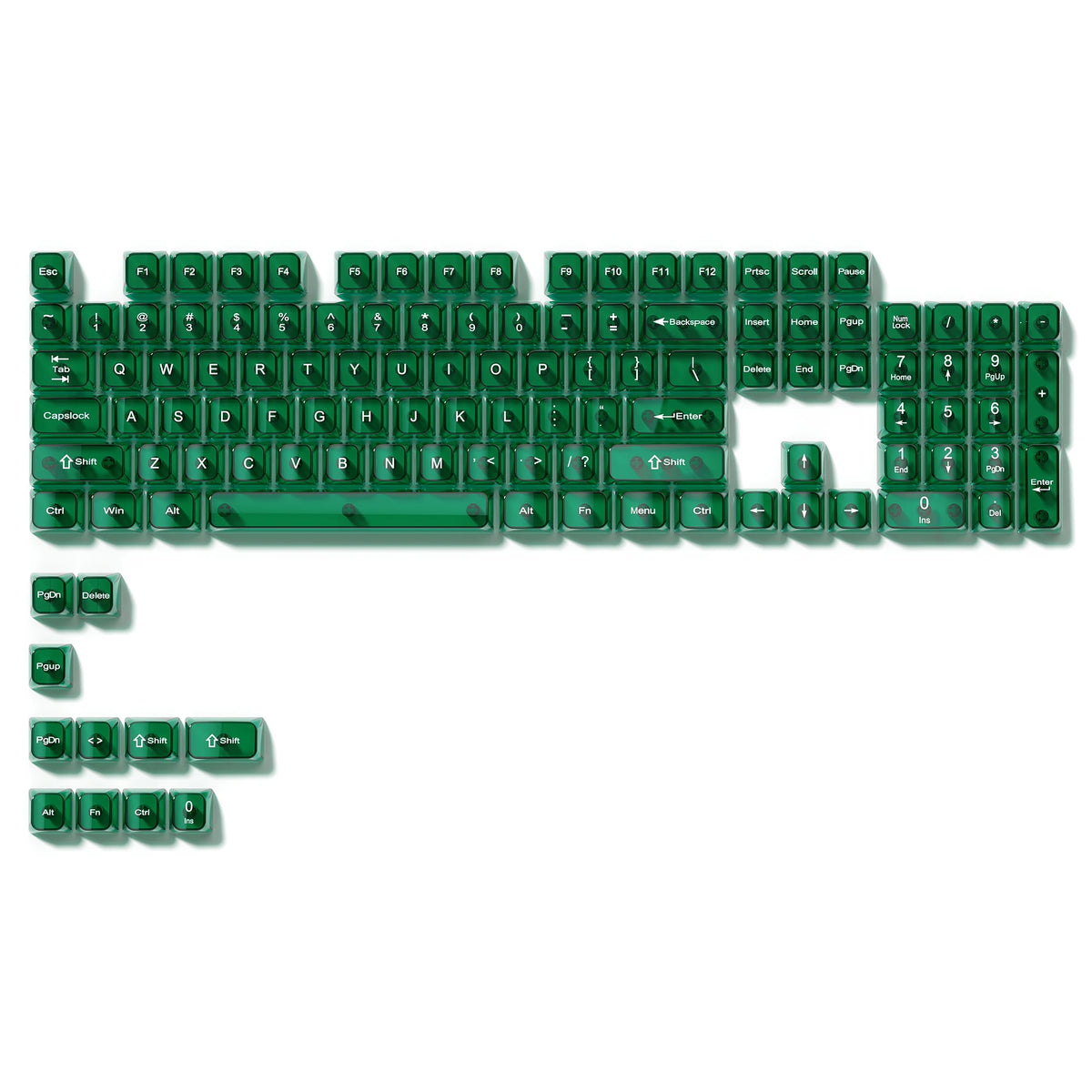 A full 115-key MDA profile keyboard keycap set in green with crystal clear RGB backlighting.