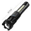 Black rechargeable LED flashlight with a telescopic zoom lens and multiple modes