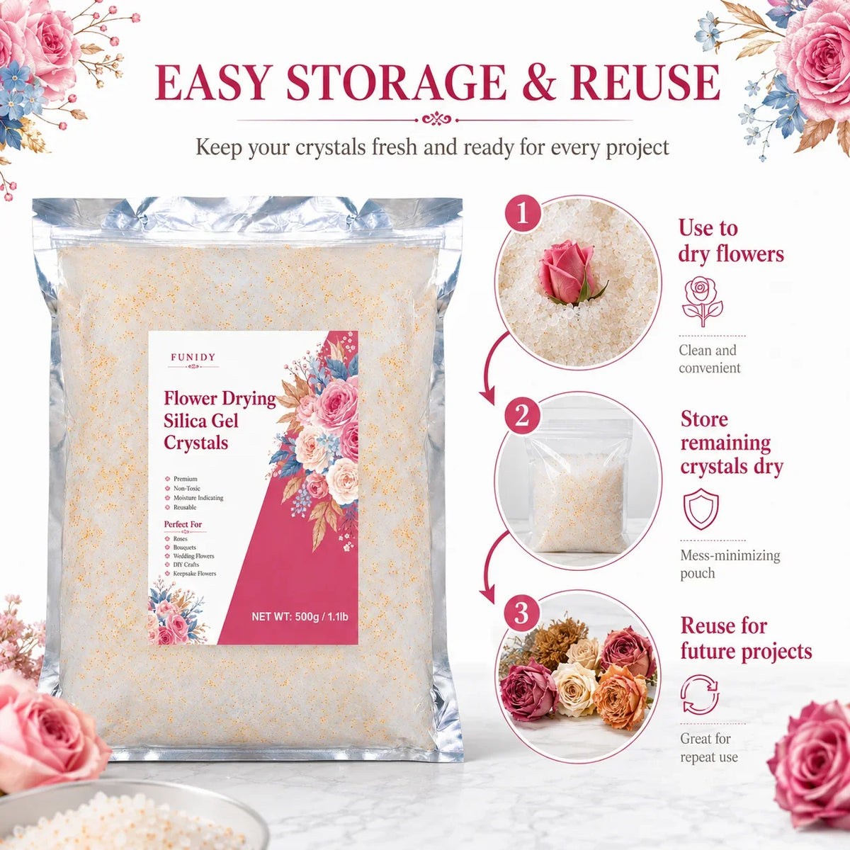 A package of Flower Drying Silica Gel Crystals is shown with instructions for easy storage and reuse.