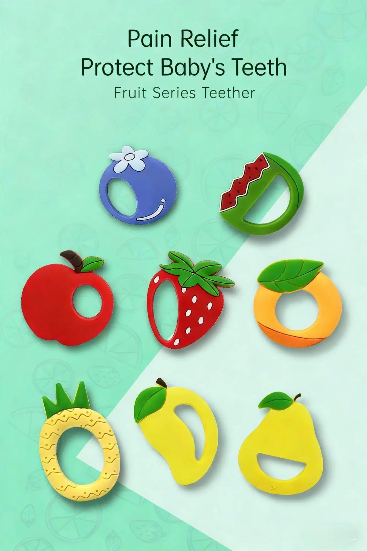 A collection of fruit-shaped silicone teethers for baby teeth relief, including apple, strawberry, lemon, and pear.