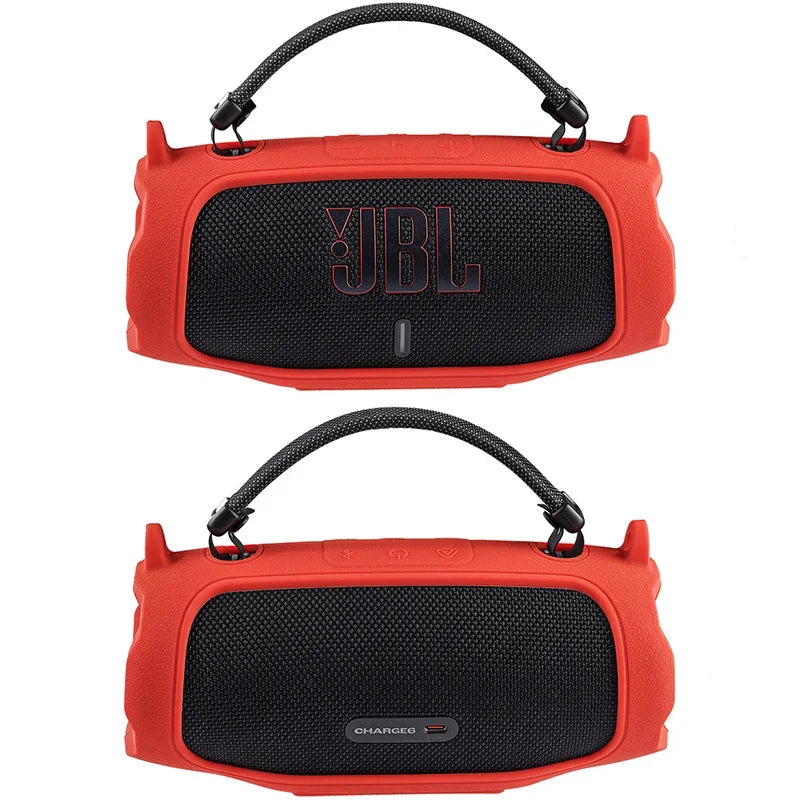 Orange shockproof silicone protective case for a JBL Charge 6 speaker.