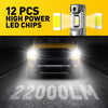 A close-up of a yellow pickup truck's headlight emitting a bright white beam, demonstrating 22000LM LED bulbs.
